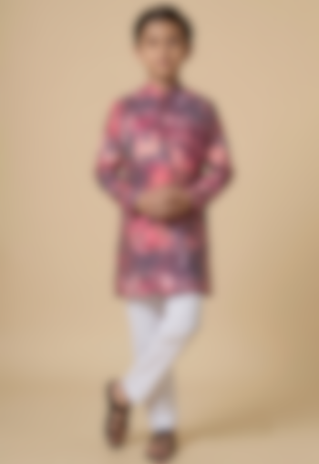 Dark Pink Blended Silk Digital Printed Kurta Set For Boys by Spring Break- Kids at Pernia's Pop Up Shop