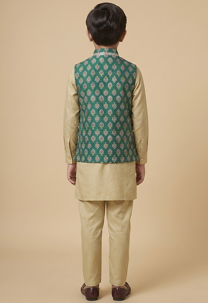 Green Blended Silk Printed & Embroidered Nehru Jacket Set For Boys by Spring Break- Kids at Pernia's Pop Up Shop