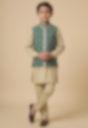 Green Blended Silk Printed & Embroidered Nehru Jacket Set For Boys by Spring Break- Kids at Pernia's Pop Up Shop
