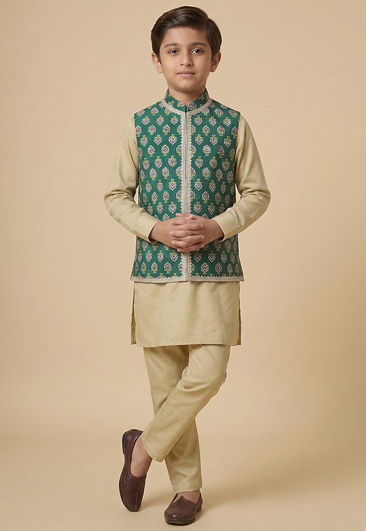Green Blended Silk Printed & Embroidered Nehru Jacket Set For Boys by Spring Break- Kids at Pernia's Pop Up Shop