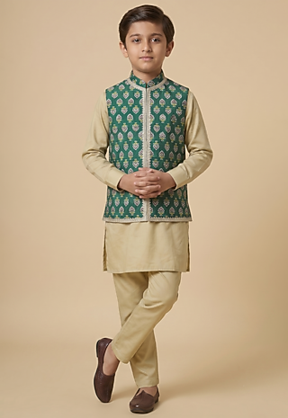 Green Blended Silk Printed & Embroidered Nehru Jacket Set For Boys by Spring Break- Kids