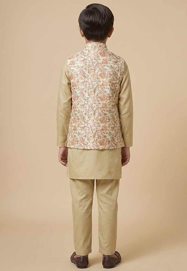 Beige Blended Silk Printed & Embroidered Nehru Jacket Set For Boys by Spring Break- Kids at Pernia's Pop Up Shop