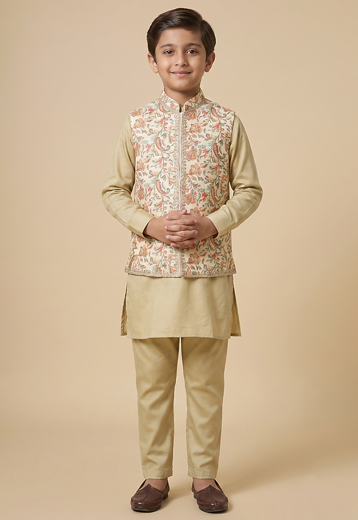 Beige Blended Silk Printed & Embroidered Nehru Jacket Set For Boys by Spring Break- Kids at Pernia's Pop Up Shop