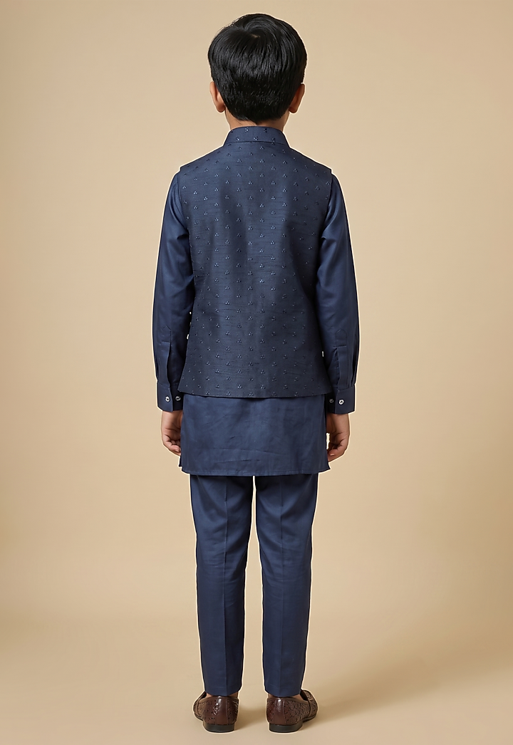 Navy Blue Blended Silk Embroidered Nehru Jacket Set For Boys by Spring Break- Kids at Pernia's Pop Up Shop