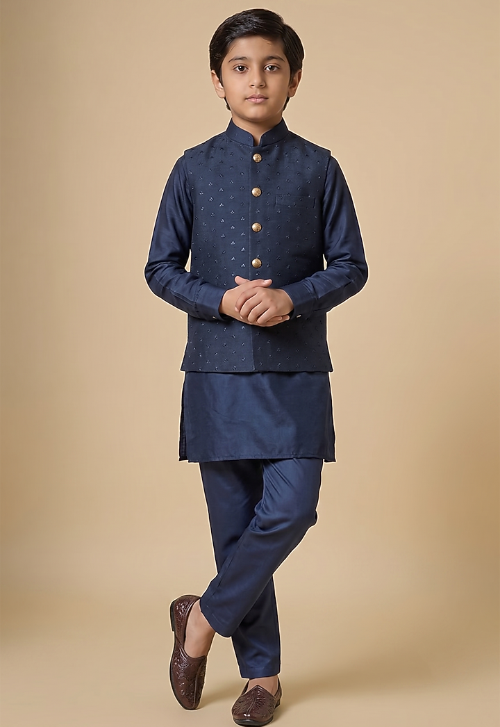 Navy Blue Blended Silk Embroidered Nehru Jacket Set For Boys by Spring Break- Kids at Pernia's Pop Up Shop