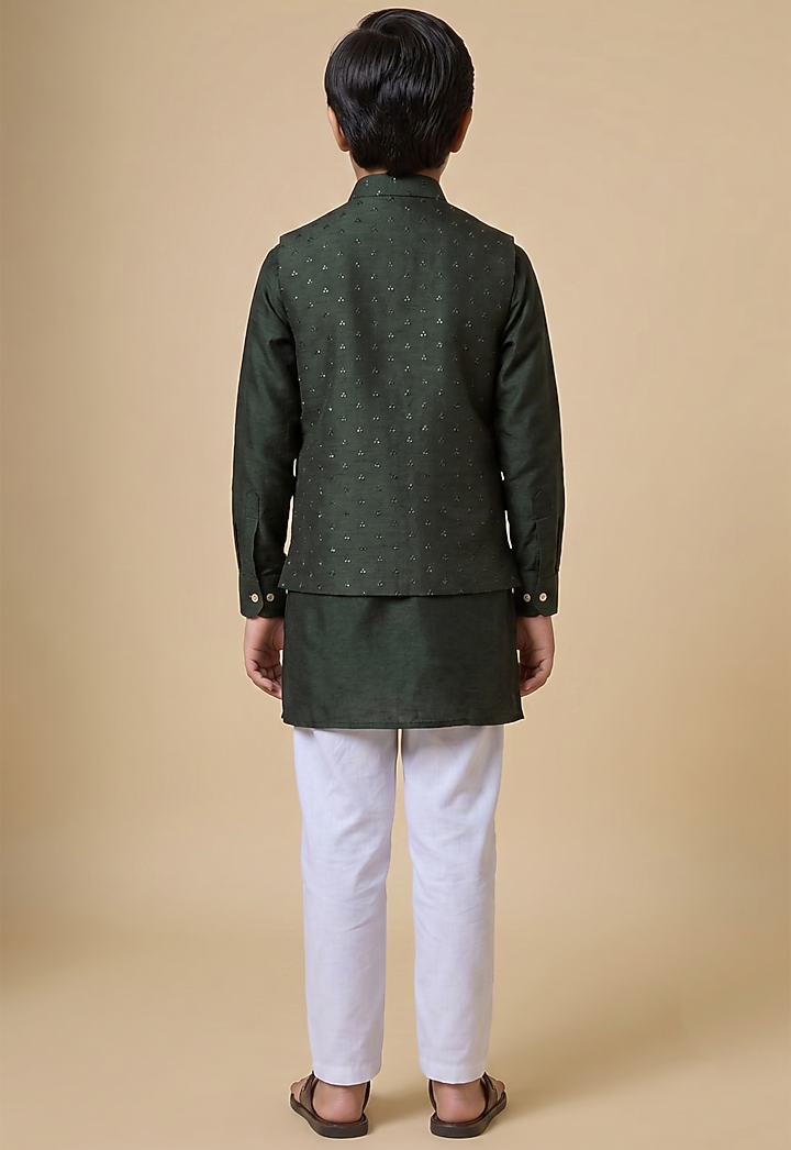 Bottle Green Blended Silk Embroidered Nehru Jacket Set For Boys by Spring Break- Kids at Pernia's Pop Up Shop