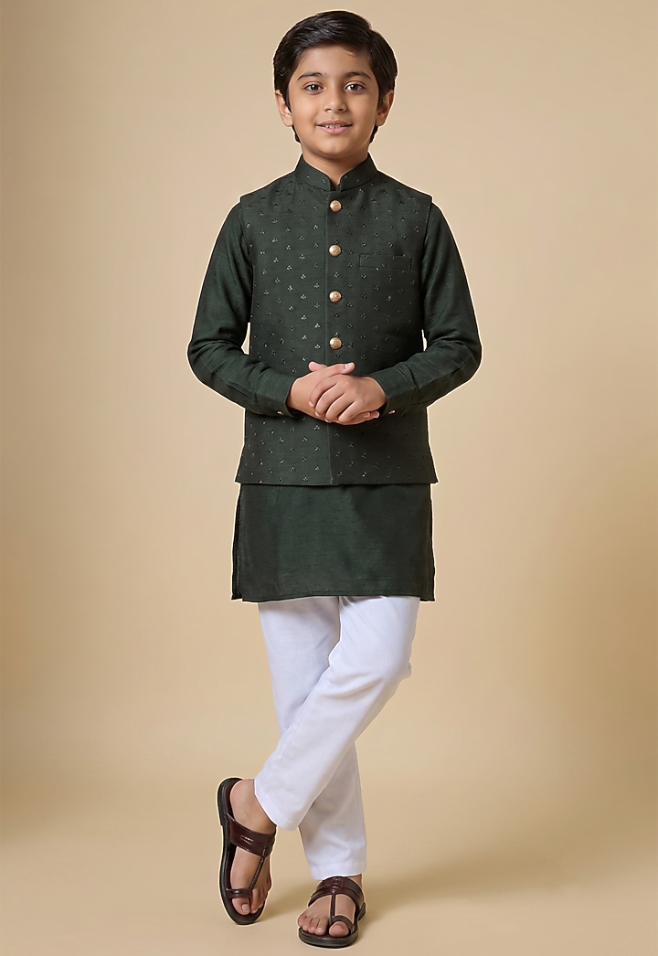 Bottle Green Blended Silk Embroidered Nehru Jacket Set For Boys by Spring Break- Kids at Pernia's Pop Up Shop