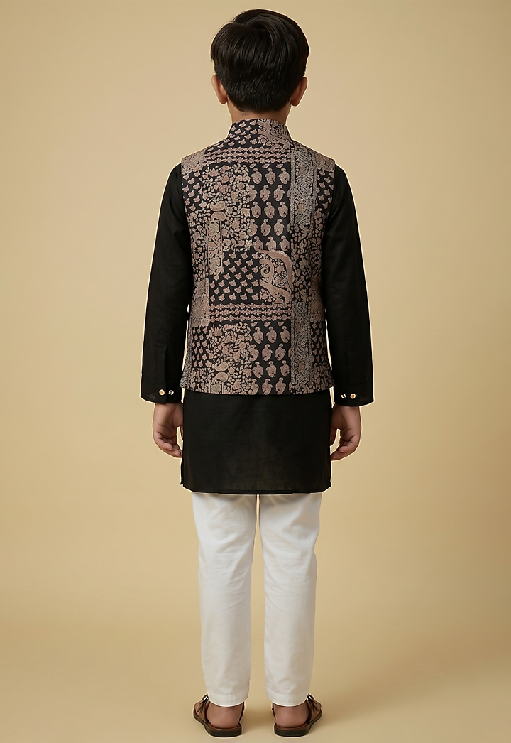 Black Blended Silk Paisley Printed Nehru Jacket Set For Boys by Spring Break- Kids at Pernia's Pop Up Shop