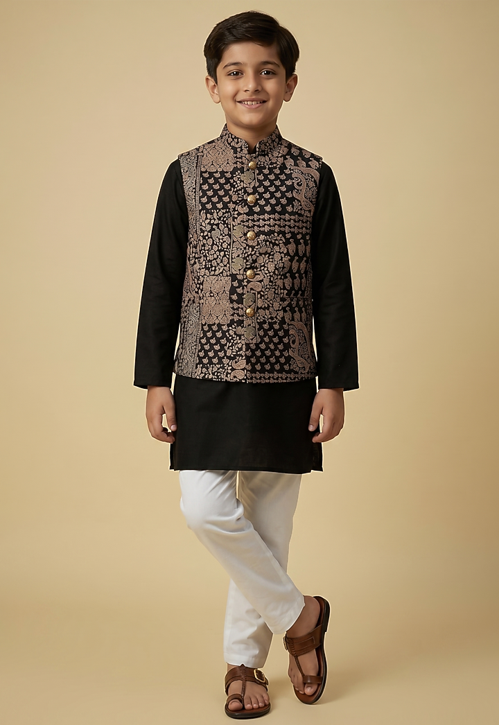 Black Blended Silk Paisley Printed Nehru Jacket Set For Boys by Spring Break- Kids at Pernia's Pop Up Shop