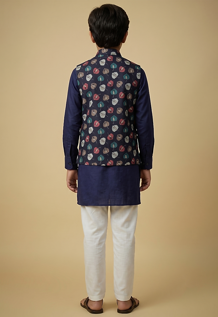 Navy Blue Blended Silk Leaf Printed Nehru Jacket Set For Boys by Spring Break- Kids at Pernia's Pop Up Shop