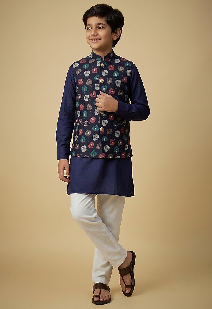 Navy Blue Blended Silk Leaf Printed Nehru Jacket Set For Boys by Spring Break- Kids at Pernia's Pop Up Shop