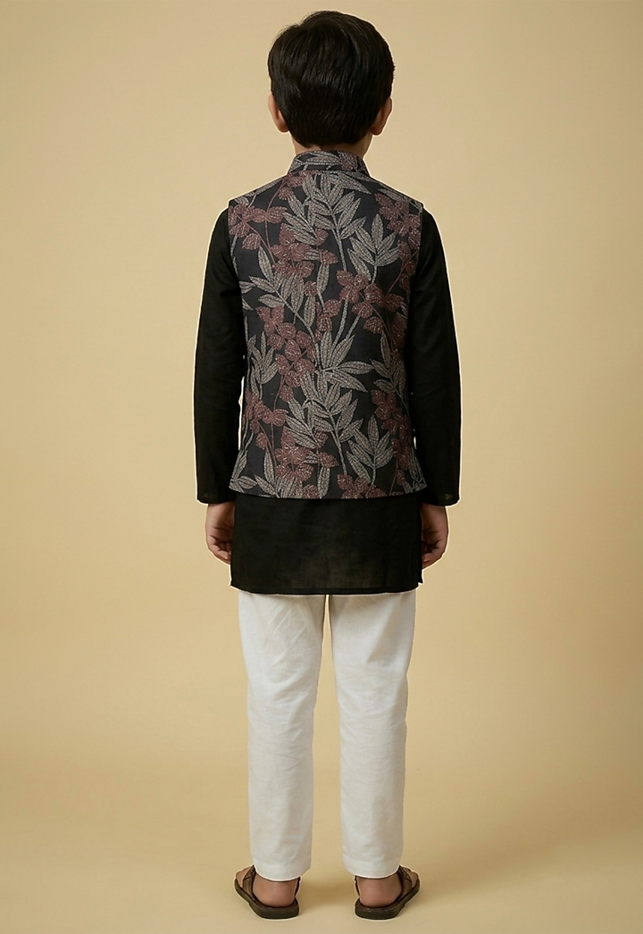 Black Blended Silk Tropical Printed Nehru Jacket Set For Boys by Spring Break- Kids at Pernia's Pop Up Shop