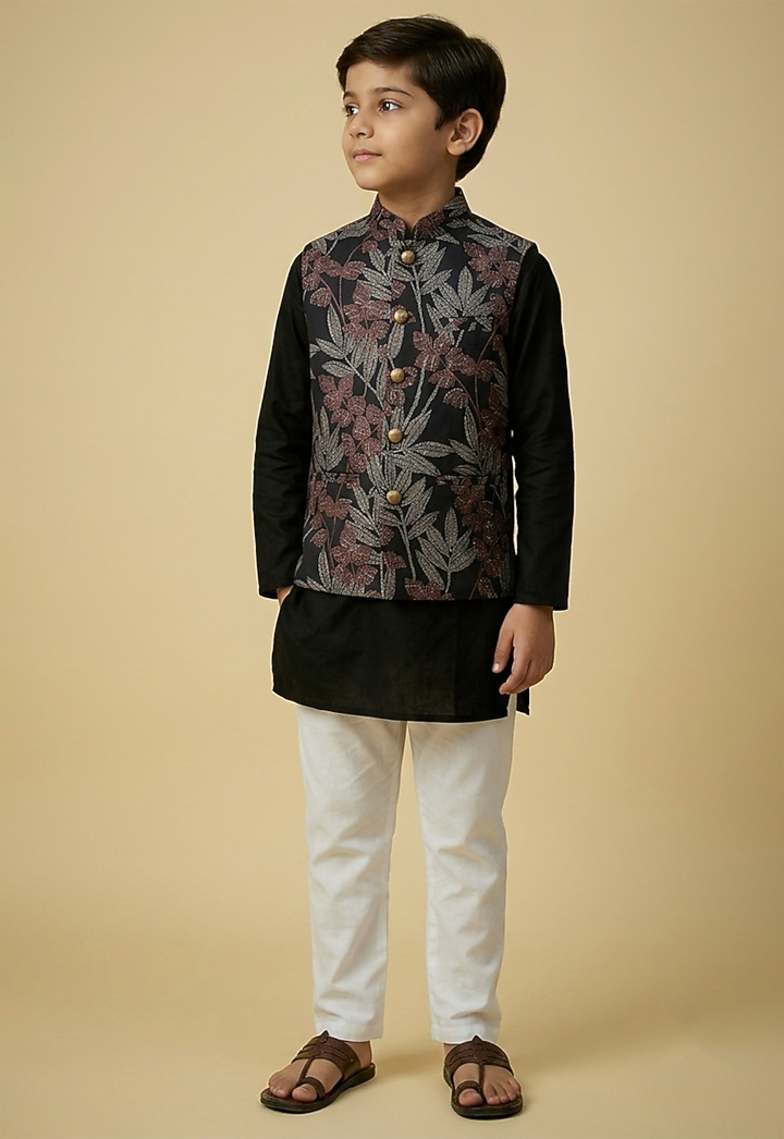Black Blended Silk Tropical Printed Nehru Jacket Set For Boys by Spring Break- Kids at Pernia's Pop Up Shop