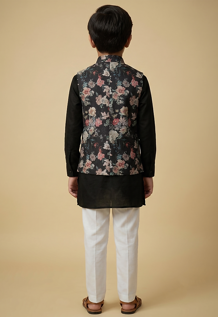 Black Blended Silk Digital Printed Nehru Jacket Set For Boys by Spring Break- Kids at Pernia's Pop Up Shop