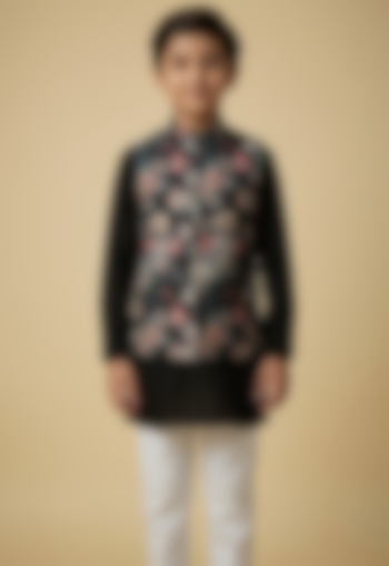 Black Blended Silk Digital Printed Nehru Jacket Set For Boys by Spring Break- Kids at Pernia's Pop Up Shop