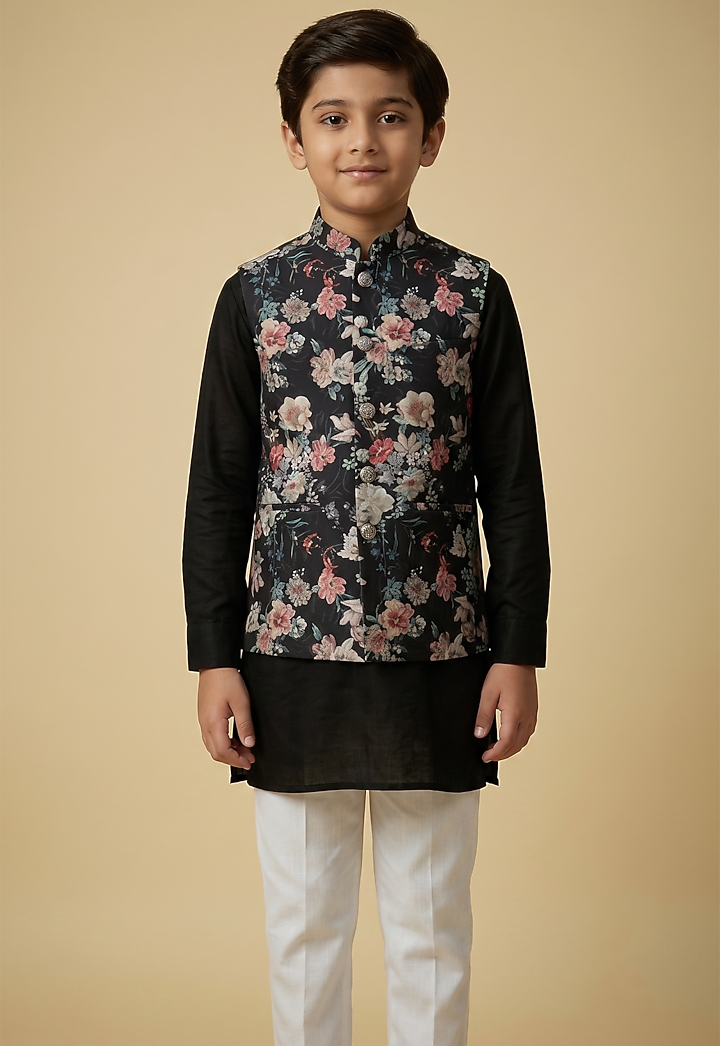 Black Blended Silk Digital Printed Nehru Jacket Set For Boys by Spring Break- Kids at Pernia's Pop Up Shop