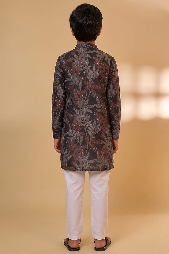 Black Cotton Linen Tropical Printed Kurta Set For Boys by Spring Break- Kids at Pernia's Pop Up Shop