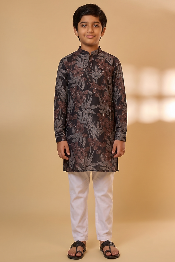 Black Cotton Linen Tropical Printed Kurta Set For Boys by Spring Break- Kids at Pernia's Pop Up Shop