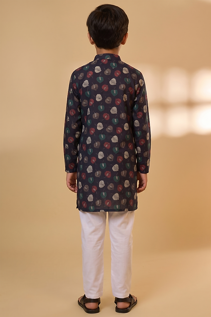Navy Blue & Gold Blended Silk Leaf Printed Kurta Set For Boys by Spring Break- Kids at Pernia's Pop Up Shop