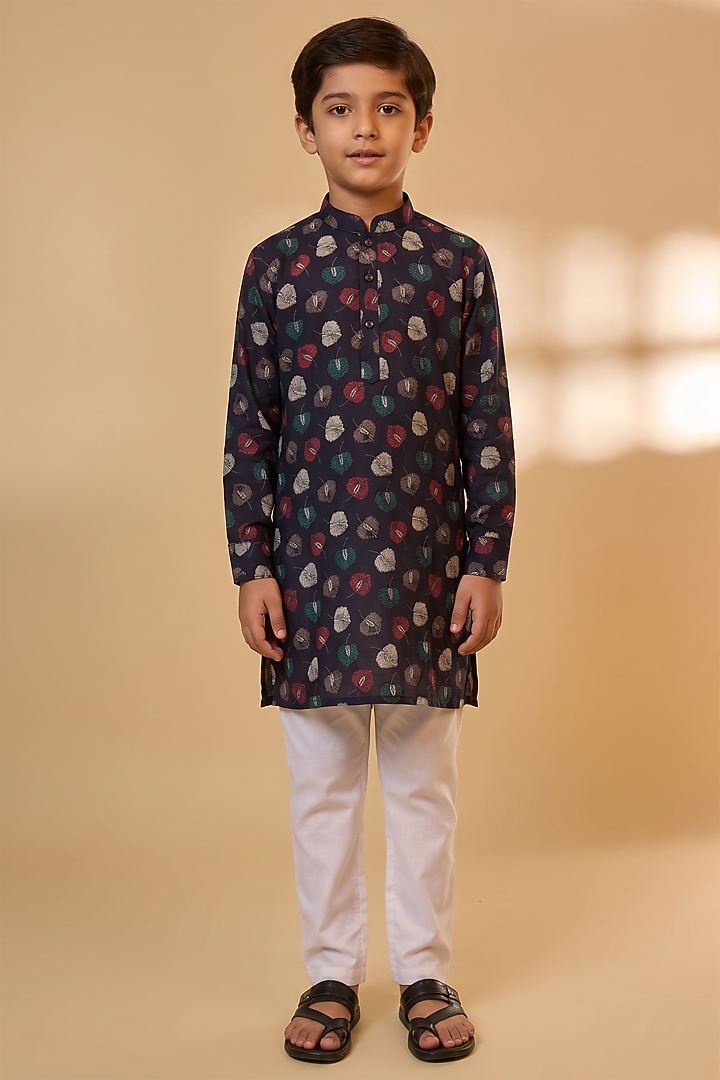 Navy Blue & Gold Blended Silk Leaf Printed Kurta Set For Boys by Spring Break- Kids at Pernia's Pop Up Shop