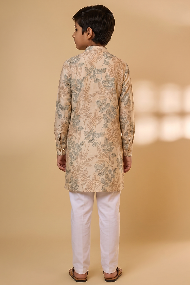 Cream Cotton Linen Tropical Printed Kurta Set For Boys by Spring Break- Kids at Pernia's Pop Up Shop