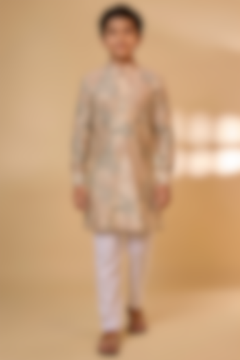 Cream Cotton Linen Tropical Printed Kurta Set For Boys by Spring Break- Kids at Pernia's Pop Up Shop