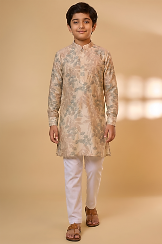 Cream Cotton Linen Tropical Printed Kurta Set For Boys by Spring Break- Kids