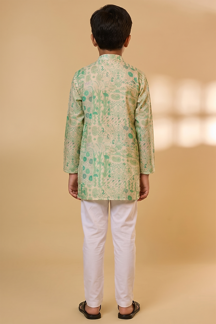 Green Blended Silk Botanical Printed Kurta Set For Boys by Spring Break- Kids at Pernia's Pop Up Shop