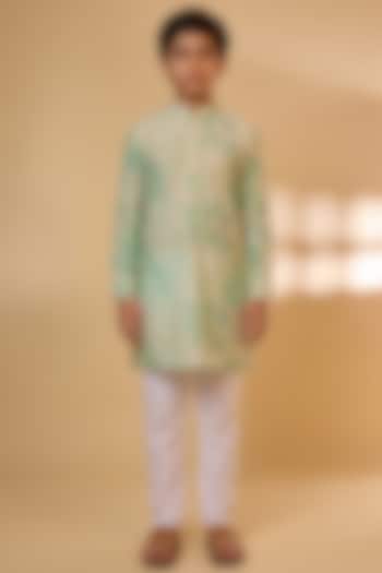 Green Blended Silk Botanical Printed Kurta Set For Boys by Spring Break- Kids at Pernia's Pop Up Shop