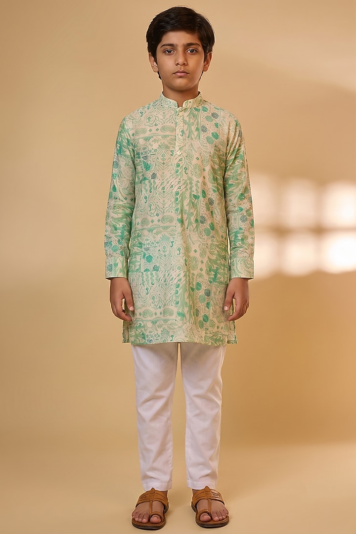 Green Blended Silk Botanical Printed Kurta Set For Boys by Spring Break- Kids at Pernia's Pop Up Shop