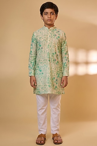 Green Blended Silk Botanical Printed Kurta Set For Boys by Spring Break- Kids