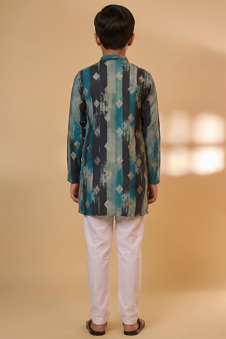 Navy Blue Blended Silk Printed Kurta Set For Boys by Spring Break- Kids at Pernia's Pop Up Shop