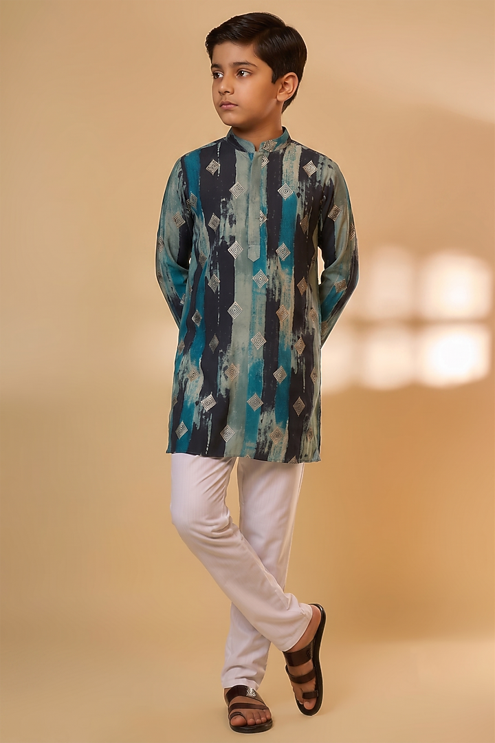 Navy Blue Blended Silk Printed Kurta Set For Boys by Spring Break- Kids at Pernia's Pop Up Shop