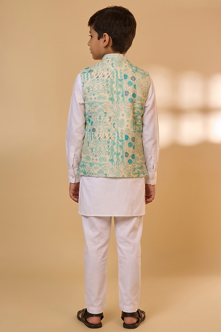 Blue Blended Silk Printed Nehru Jacket Set For Boys by Spring Break- Kids at Pernia's Pop Up Shop