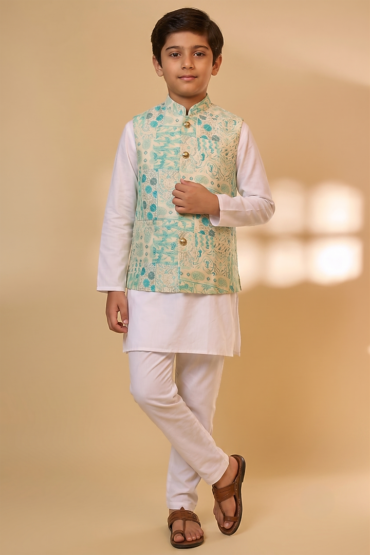Blue Blended Silk Printed Nehru Jacket Set For Boys by Spring Break- Kids at Pernia's Pop Up Shop