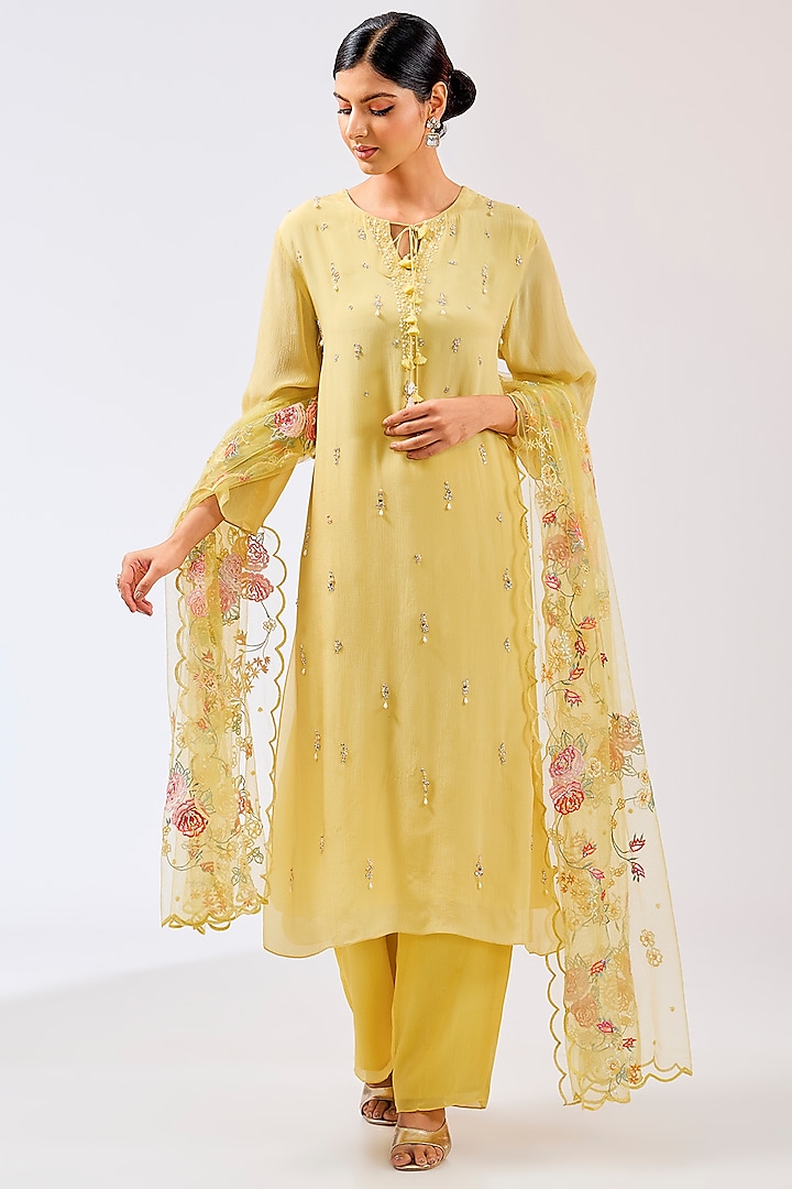 Dusky Yellow Chiffon Silk Resham Embroidered Kurta Set by Shilpa Karnavat at Pernia's Pop Up Shop