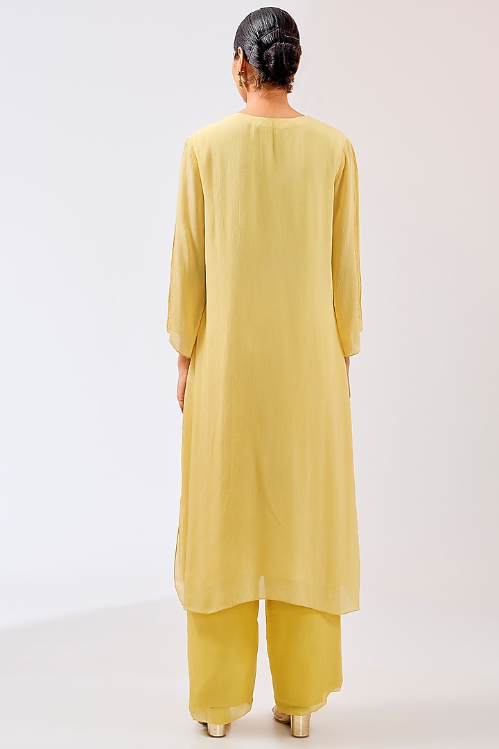 Dusky Yellow Chiffon Silk Resham Embroidered Kurta Set by Shilpa Karnavat at Pernia's Pop Up Shop