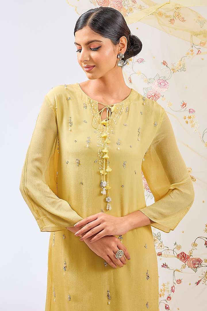 Dusky Yellow Chiffon Silk Resham Embroidered Kurta Set by Shilpa Karnavat at Pernia's Pop Up Shop
