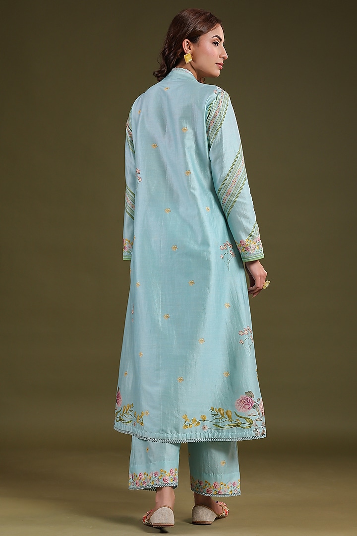 Light Blue Silk Chanderi Printed & Bead Embroidered Kurta Set by Niti Bothra at Pernia's Pop Up Shop