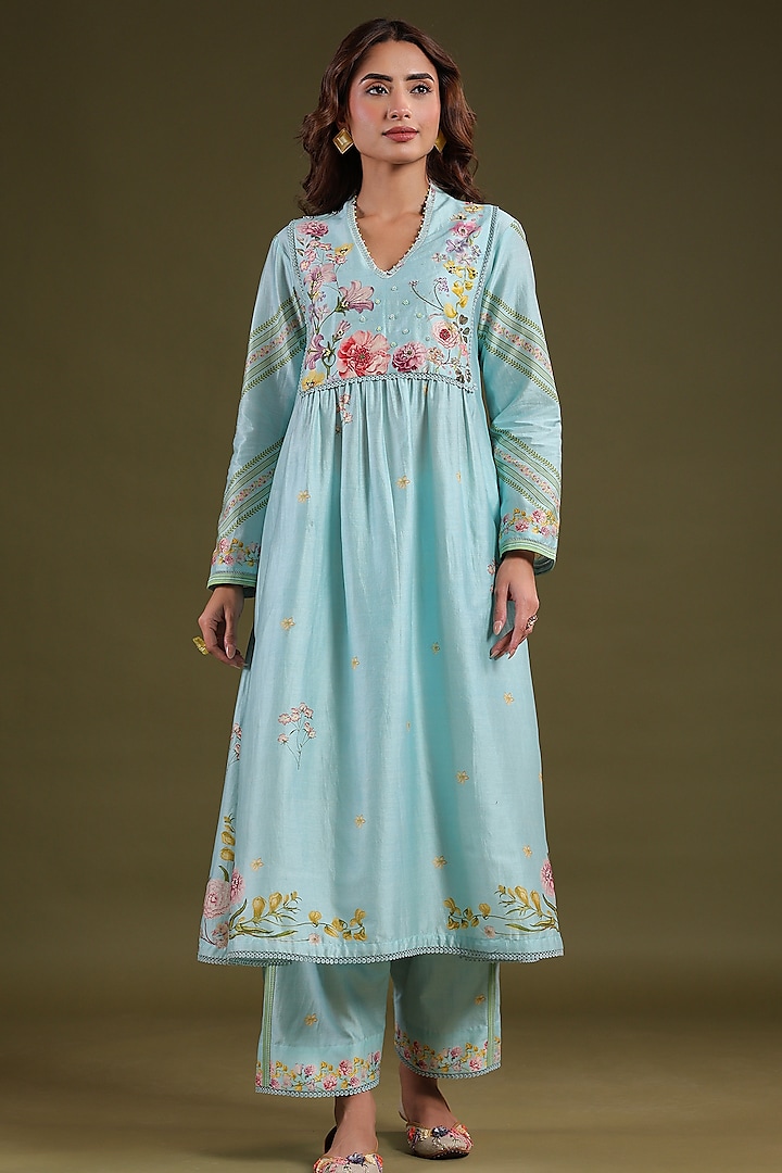 Light Blue Silk Chanderi Printed & Bead Embroidered Kurta Set by Niti Bothra at Pernia's Pop Up Shop