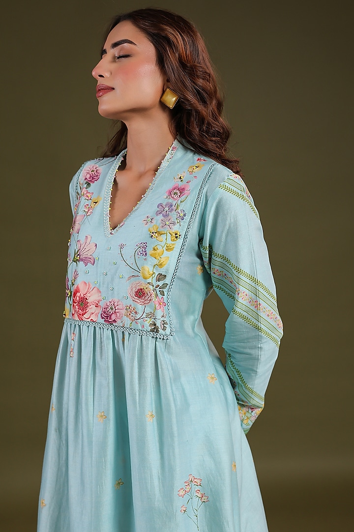 Light Blue Silk Chanderi Printed & Bead Embroidered Kurta Set by Niti Bothra at Pernia's Pop Up Shop