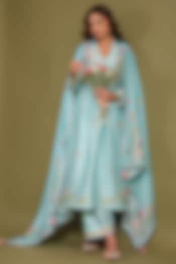 Light Blue Silk Chanderi Printed & Bead Embroidered Kurta Set by Niti Bothra at Pernia's Pop Up Shop