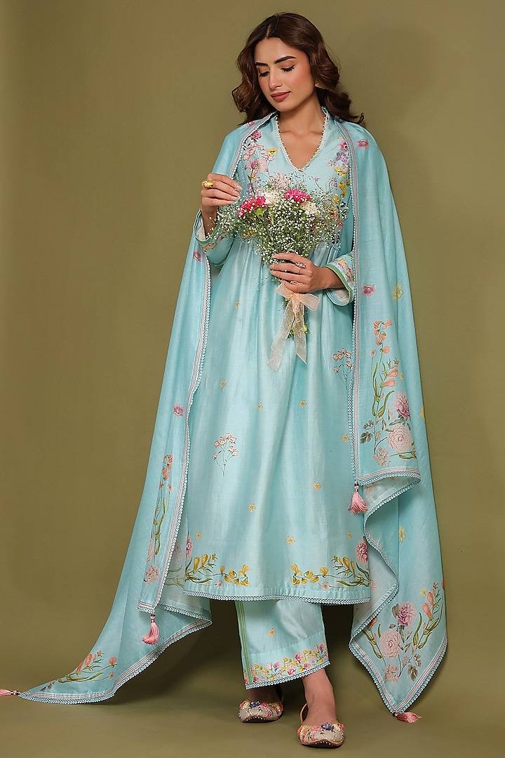 Light Blue Silk Chanderi Printed & Bead Embroidered Kurta Set by Niti Bothra at Pernia's Pop Up Shop