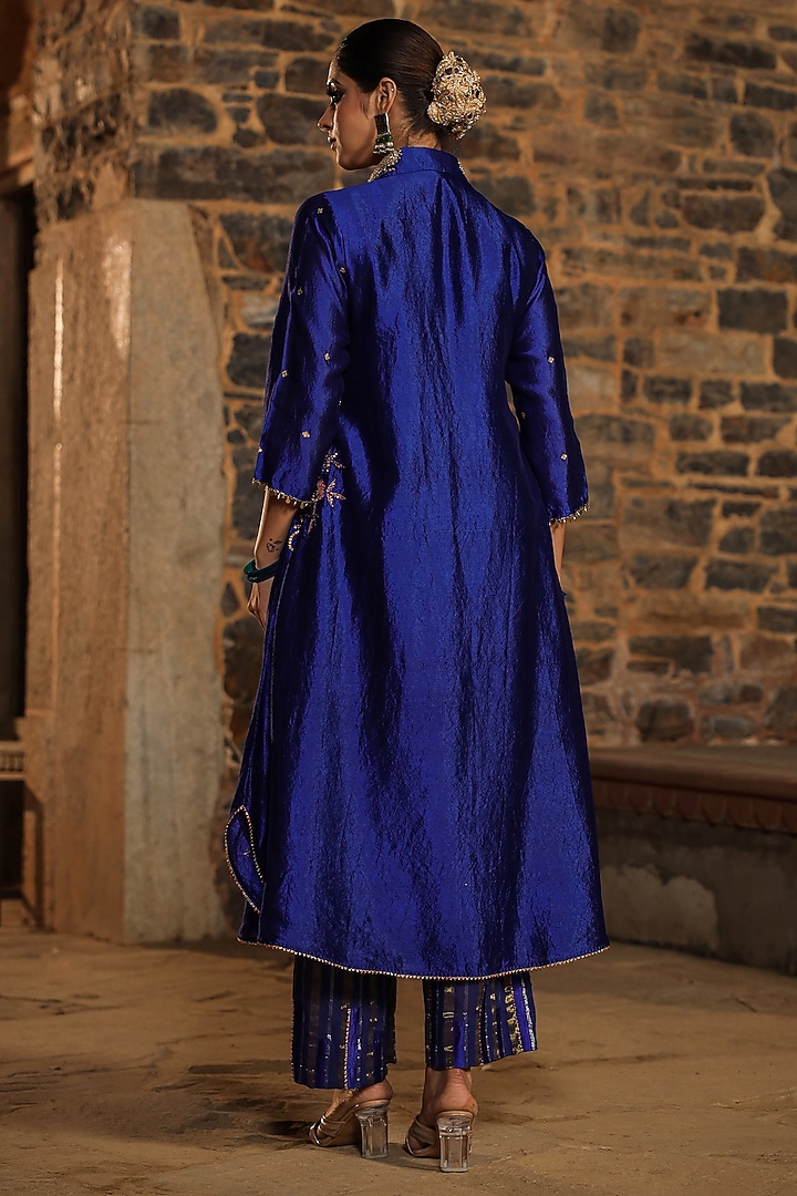 Blue Pure Banarasi Spun Silk Resham Embroidered Kurta Set by Niti Bothra at Pernia's Pop Up Shop
