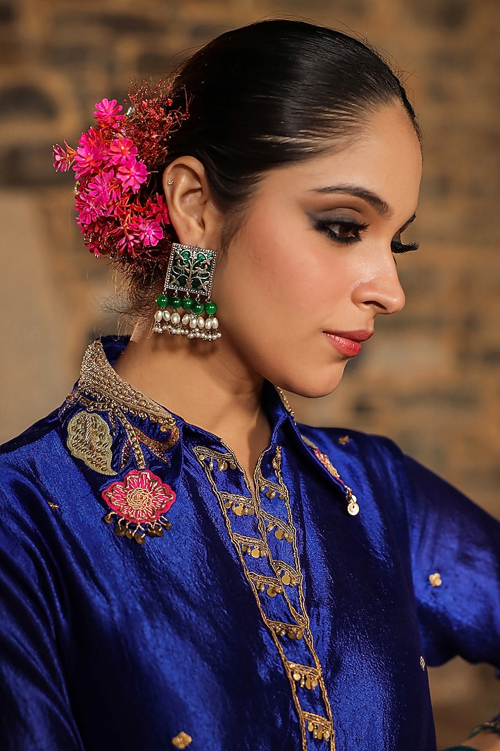 Blue Pure Banarasi Spun Silk Resham Embroidered Kurta Set by Niti Bothra at Pernia's Pop Up Shop
