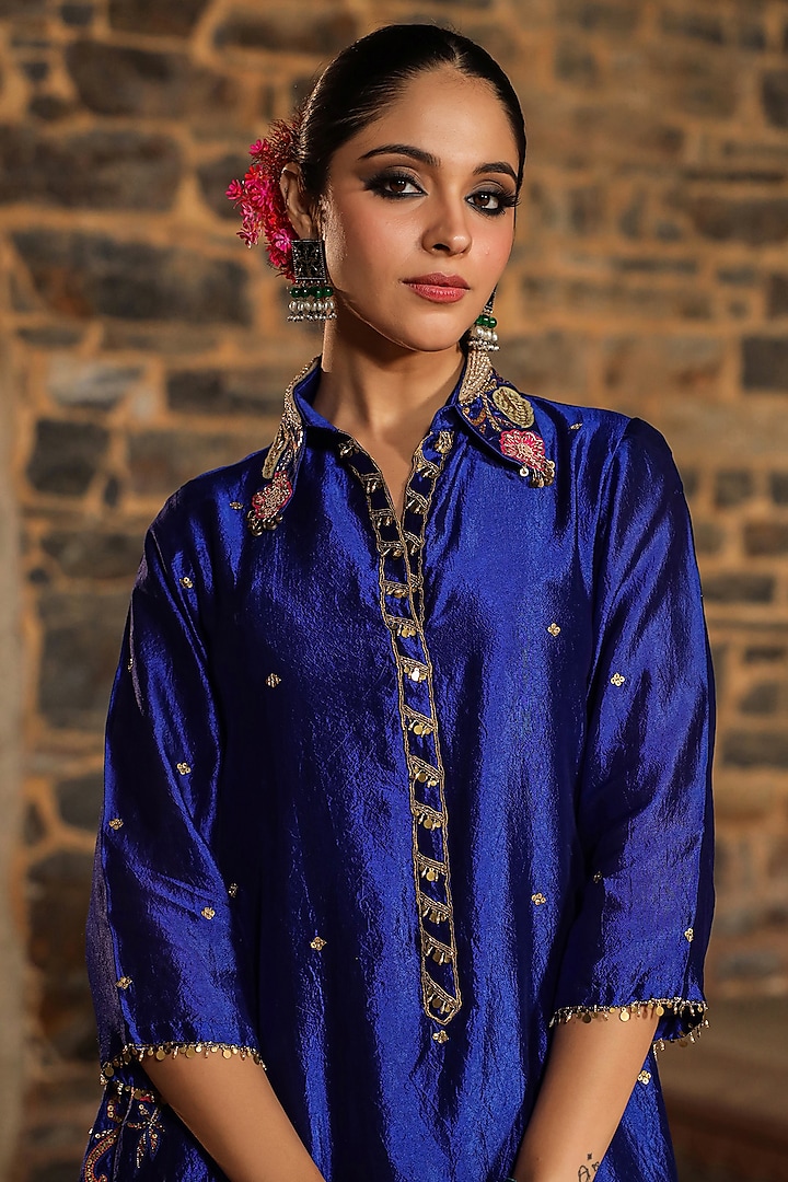 Blue Pure Banarasi Spun Silk Resham Embroidered Kurta Set by Niti Bothra at Pernia's Pop Up Shop