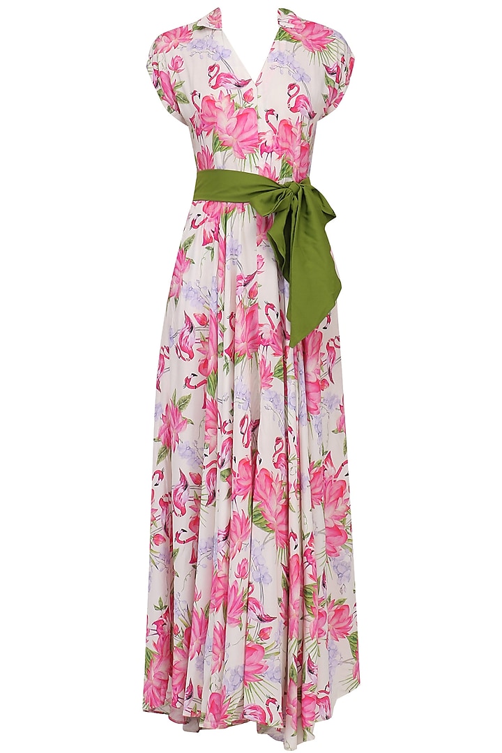 White Floral Printed Flared Maxi Dress by Sonam Parmar