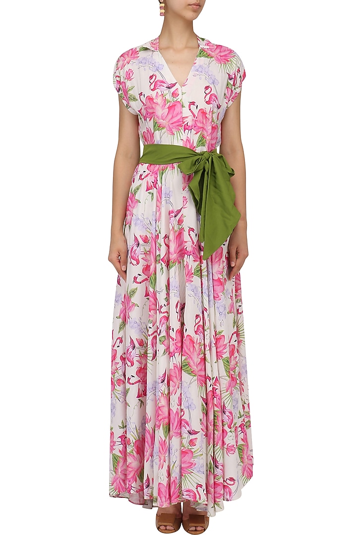 White floral printed flared maxi dress available only at Pernia's Pop Up Shop.