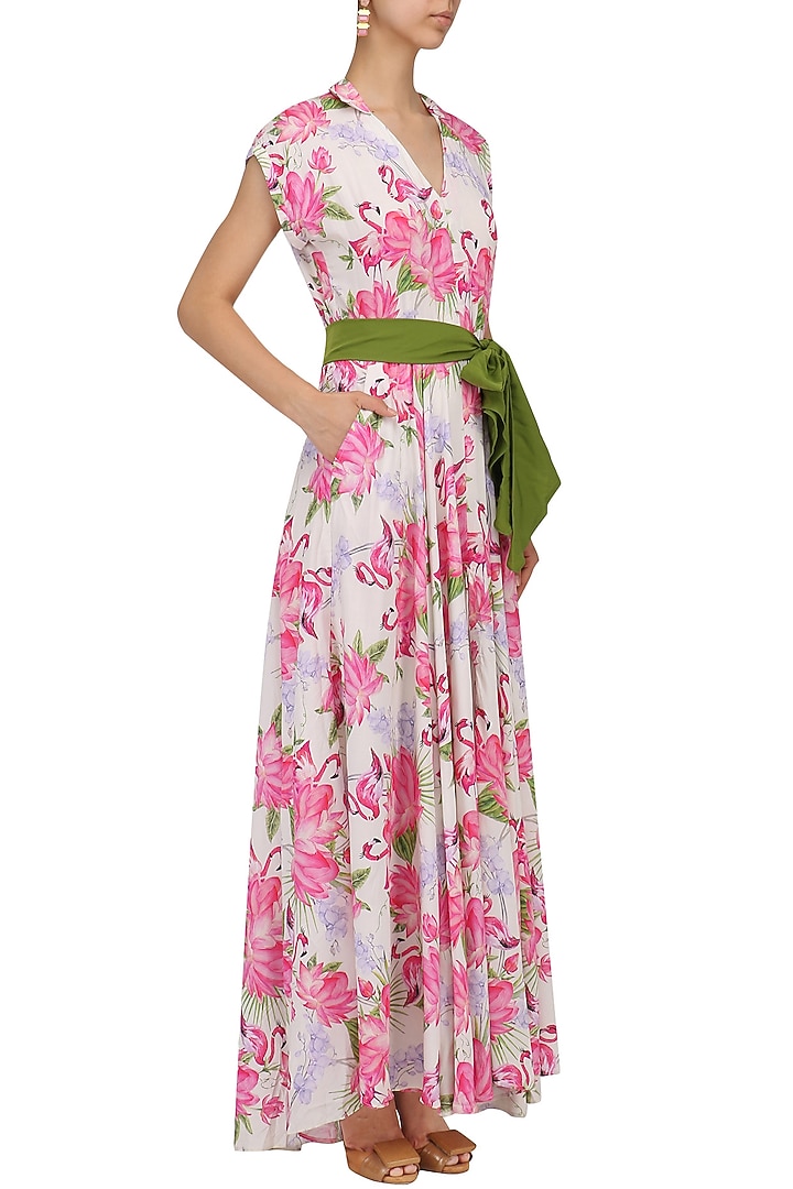 White floral printed flared maxi dress available only at Pernia's Pop Up Shop.