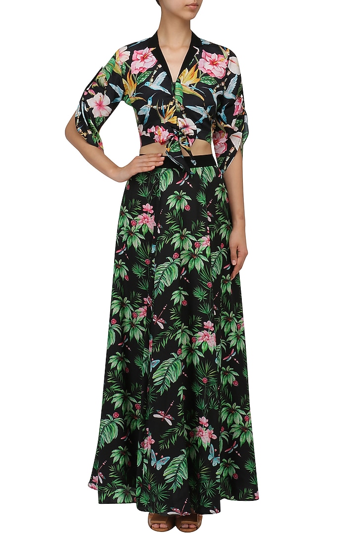 Black floral printed top and skirt set available only at Pernia's Pop Up Shop.